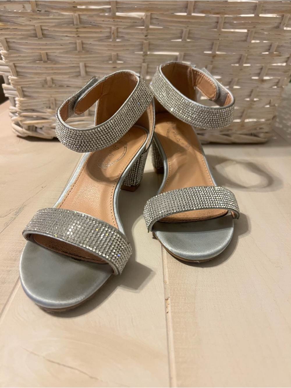 Silver Crystal Ankle-Strap Block Heel Sandals